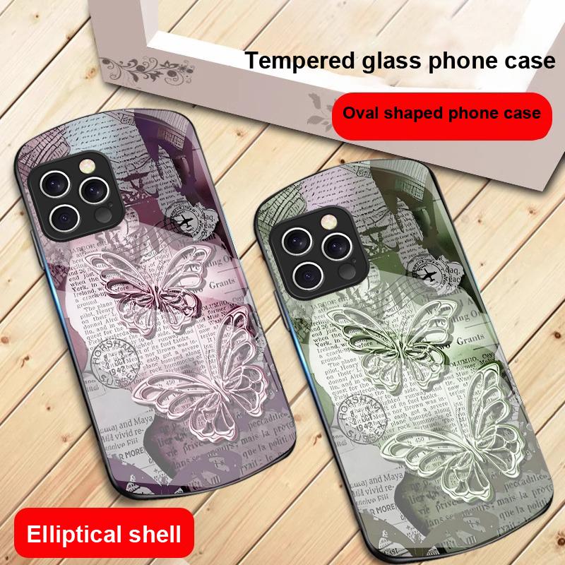 Vintage Butterfly For IPhone 16 Pro Max 15 Pro 14 13 12 Mini 11 XS Max XR 7 8 Plu SE 2022 Elliptical Glass Phone Case