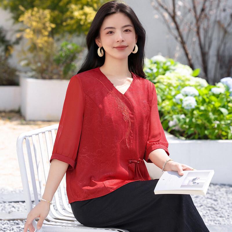 Women s Chinese Style Embroidered Chiffon Shirt 2XL красный