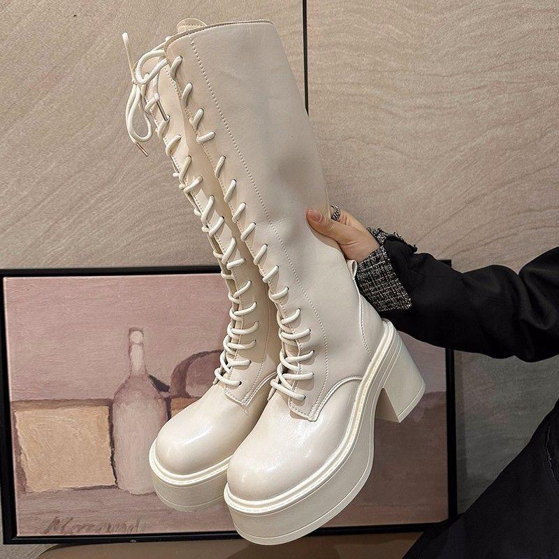 Fashion Thick Bottom Heightening Knee High Boot Women Autumn Lace Up Chunky Heeled Ladies Black Knight Botas Fashion Side Zip Long Boots