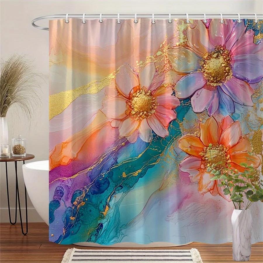 

Vibrant Floral Watercolor Shower Curtain, Golden Accents, Pink Orange Purple Flowers, Soft Pastel Background, 12 Hooks W60H190(CM)-1 Pcs