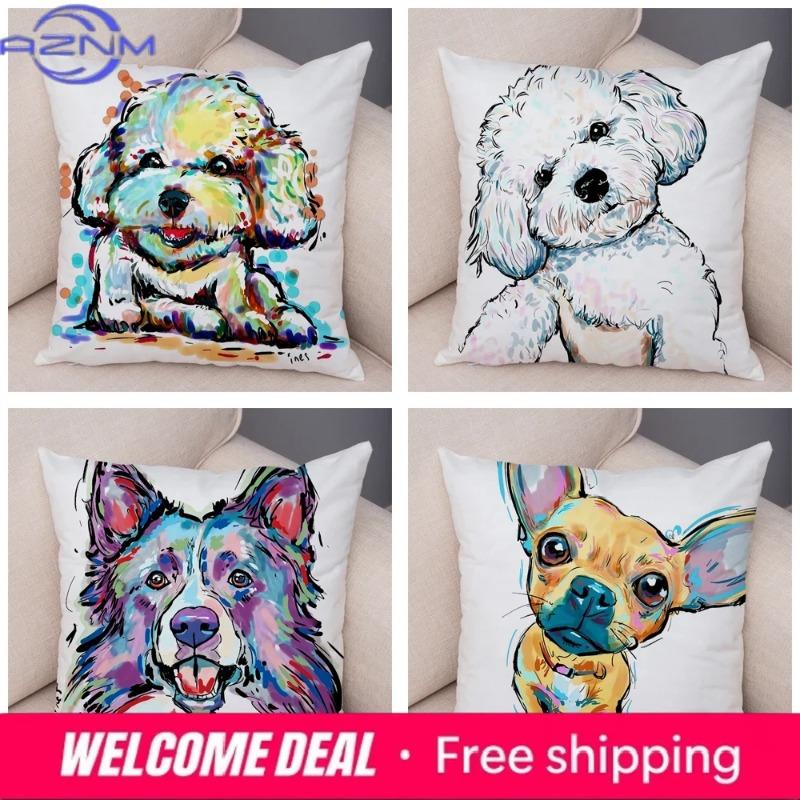 Style Cute Watercolor Pet Dog Pillow Case Decor Cartoon Animal Pillowcase Soft Plush Cushion Cover for Car Sofa Home xcm