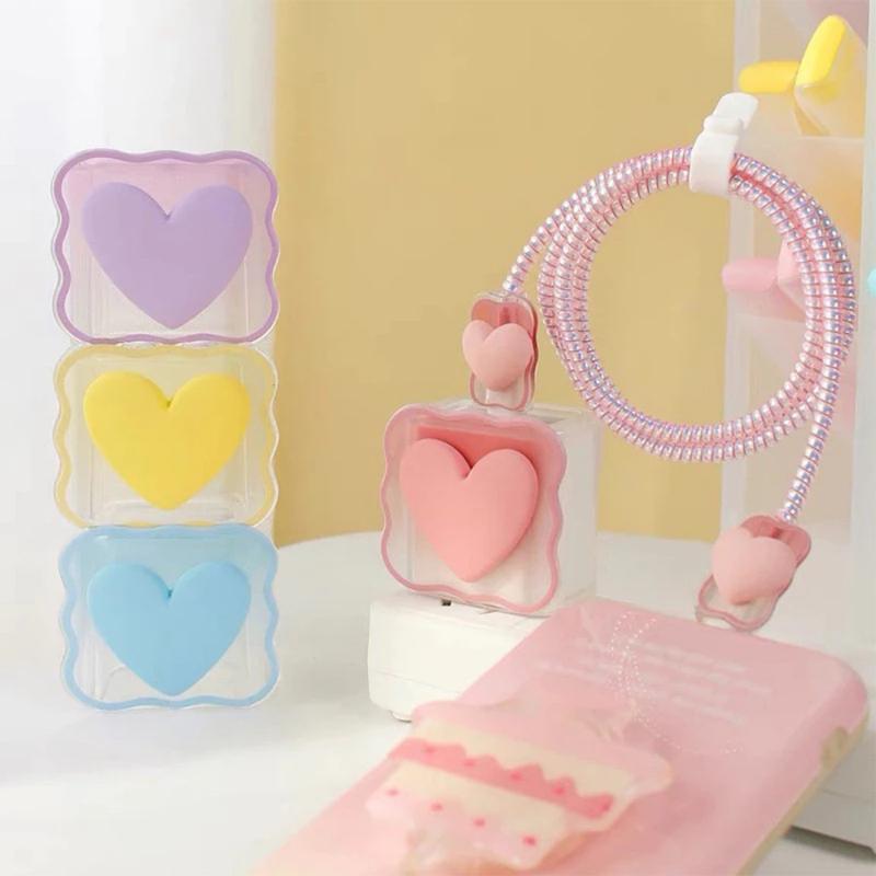 Cute 3D Heart Wavy Edge Charger Protector Set Wear Resistant Anti-Bend Cable Protector for Phone Charger Cords Office Use