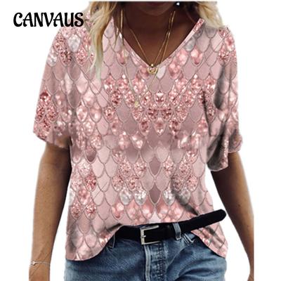 Summer Women's T-shirt Printed Loose V-Neck Short Sleeve Top