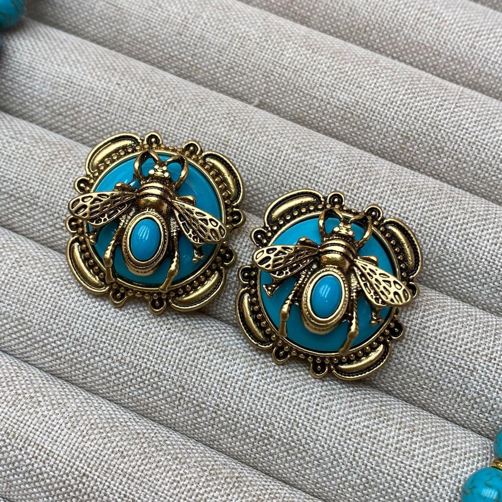 Medieval Retro Turquoise Bee Stud Earrings, Brooch, Court Style Light Luxury Design Double-Layer Necklace