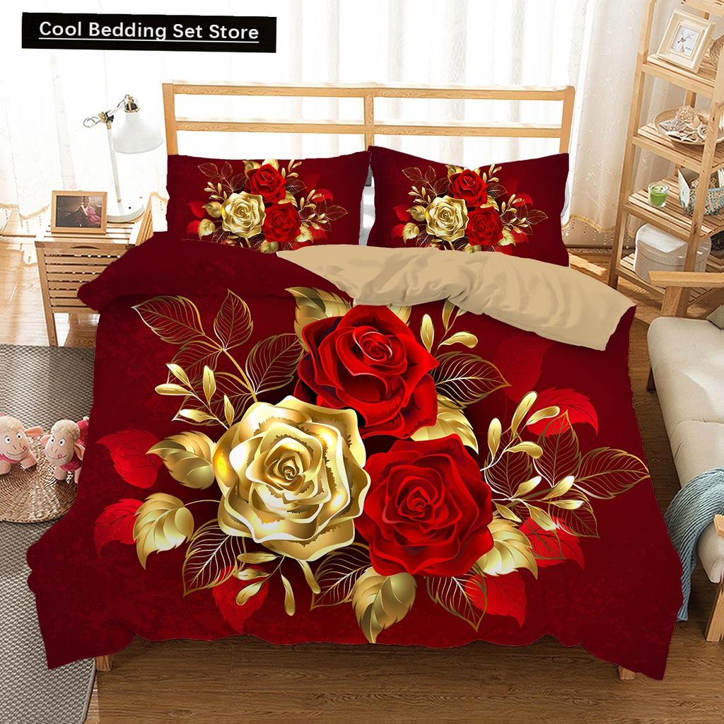 Goldene Rote Rose König Königin Bettbezug Romantisches Florales Bettwäscheset Valentinstag Blumen Steppdeckenbezug Polyester Bettdeckenbezug
