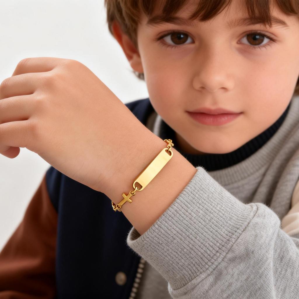 For Children Engrave Custom ID Name Bracelet Heart Cross Chain Stainless Steel Personalized Jewelry Birthday Gift for Girl Boy