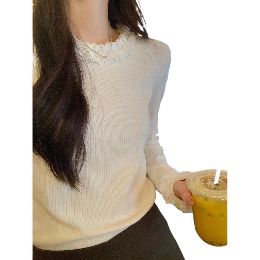 De Róng Women's Korean Style Knit T-Shirt - Autumn Lace Round Neck Slim Fit Base Layer