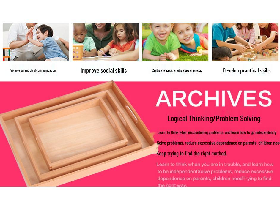 Set di Vassoio Educativo in Legno di Faggio Montessori: Vassoi Operativi e di Contenimento in Legno a Tre Pezzi per la Prima Educazione.