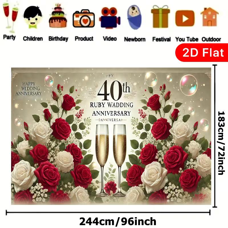 2D Flach Gedruckter 40. Jubiläum Hintergrund, Elegantes Rubinhochzeit Foto Banner mit Rosen & Blasen