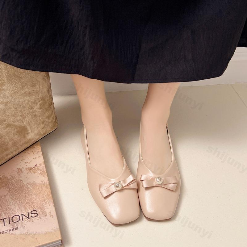 Fashion Elegant Bow Designed Square Head Casual Mary Jane Flats for Women New Autumn 2025 Shallow Mouth Comfortable Slip on Single Shoes