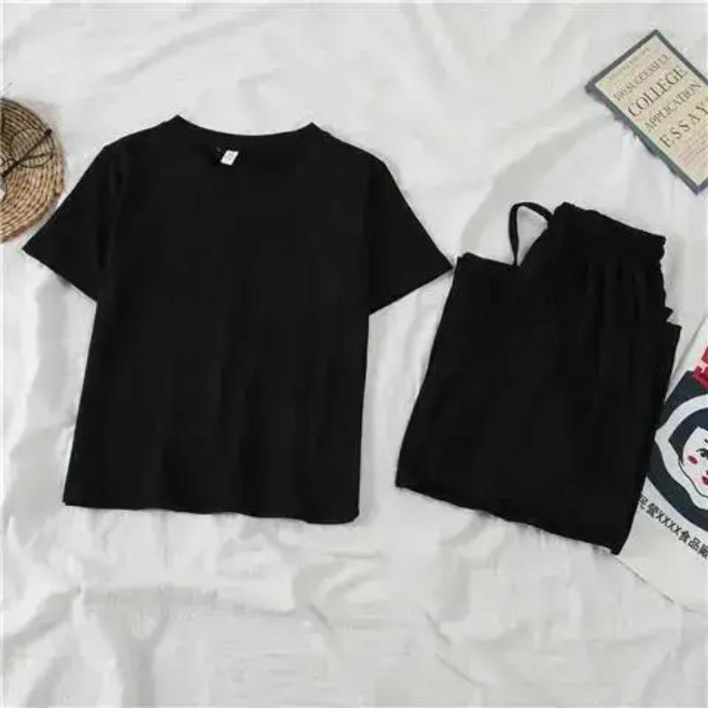 Damen Pyjama Weiche Baumwolle 2-teiliges Pyjama-Set Schwarz Grau Lässig Rundhals Damen Oberteil Lockere Hose Hausanzug Kleidung