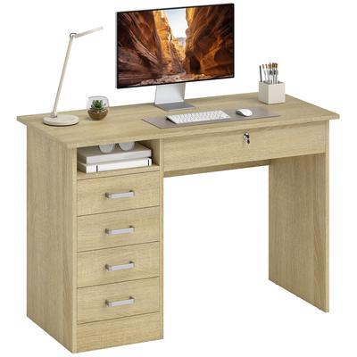 Modern Bureau met 5 Lades, Groot Bureaublad, 1 Open Vak, Afsluitbare Lade, 110 x 50 x 76cm, Eiken