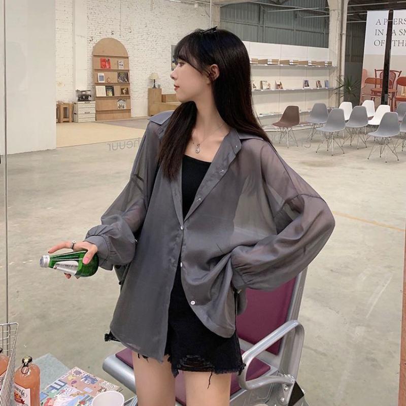 WTEMPO Chiffon Shirt Women Summer Thin Sun Protection Shirt Solid Casual Top StreetWear Versatile Shirt Vintage Female Clothing