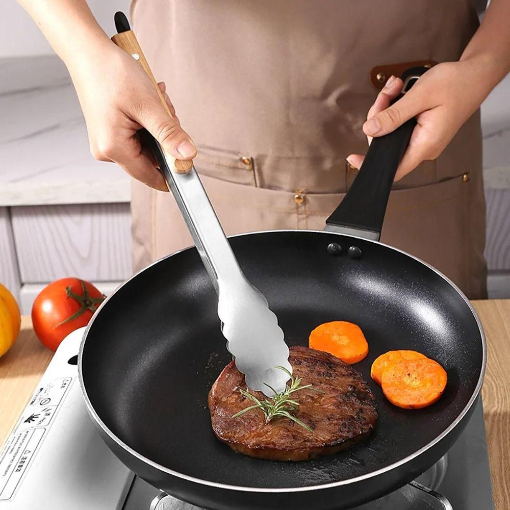 1Pcs Stainless Steel Grill Tong Wooden Handle Bread Salad Serving Clip Durable Cooking Clamp