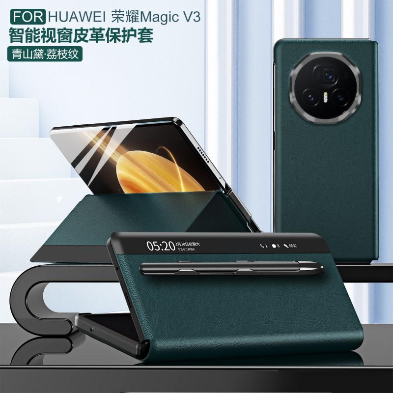 Slim Leather Case With Smart View Window Honor Magic V3 Foldable Phone Shockproof Stand Cover In Multiple Colors