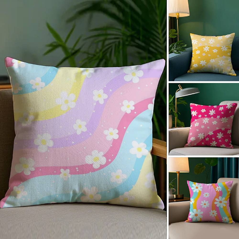 Home Decor Colorful Daisy Wave Pattern Pillow Covers Pattern Cushion Cover Suitable for Sofa Bedroom Car Pillow Cover