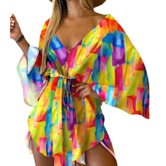 Summer Women's Sexy V-Neck Irregular Bat Sleeve Tie Dress