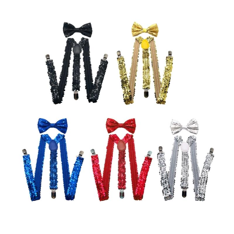 Popular Sequins Suspenders and Bowtie Set for Male with Metal Clip Weddings and Theme Parties Costume Neckwear Accessory