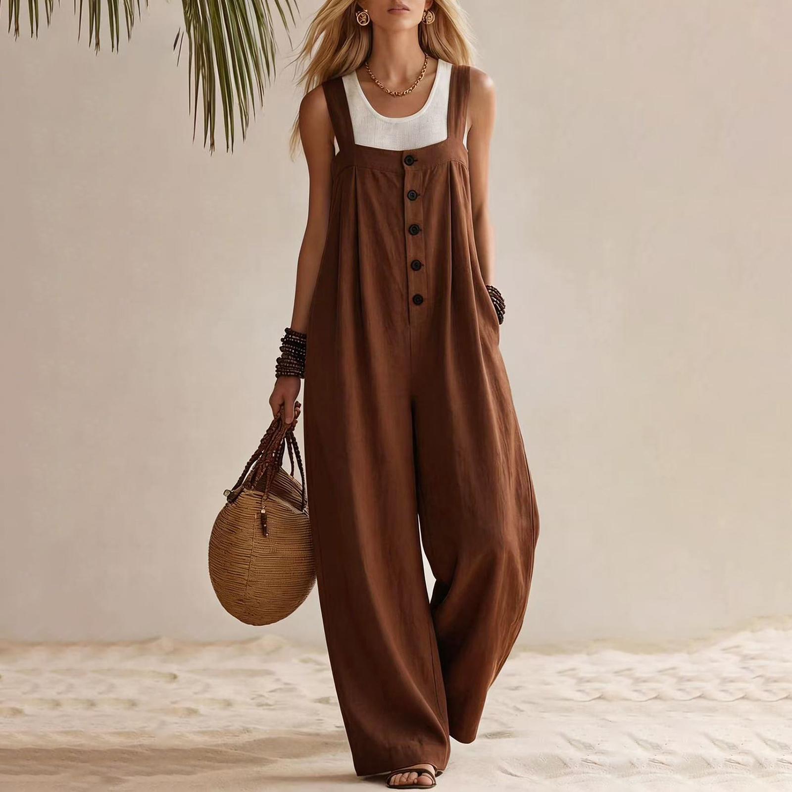 

Women s Loose Fit Sleeveless Wide Leg Jumpsuit with Button Front Casual Long Overalls for Everyday Wear S коричневий