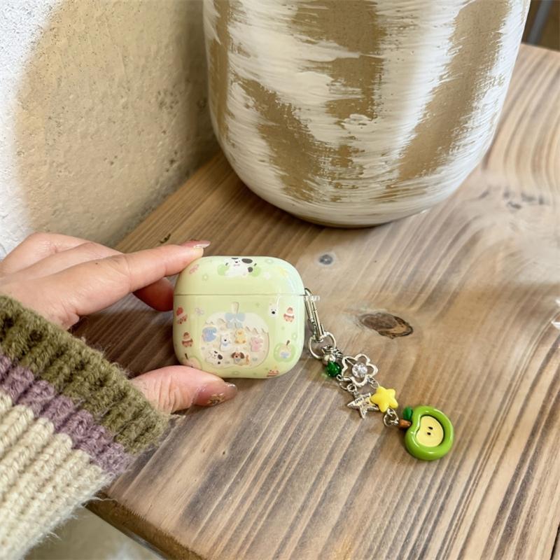 Cartoon Green Design Protective Case For AirPods4 Earbuds Shell With Detachable Keychain Precise Charging Port Access