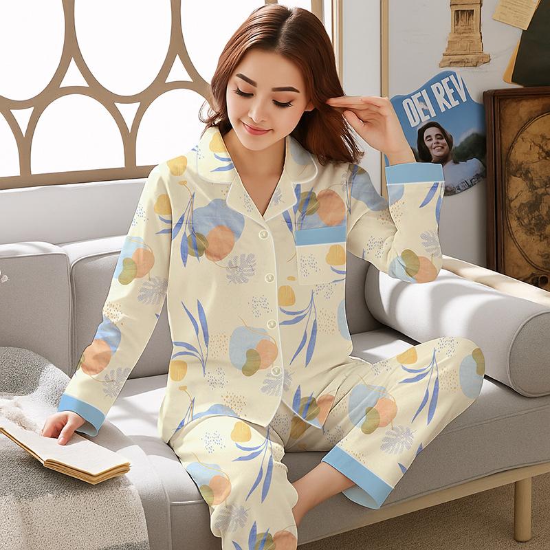 High-value Floral Pajamas Women's Spring and Autumn Imitation Cotton Long-sleeved Cardigan Medium Mother Large-size Loungewear Set