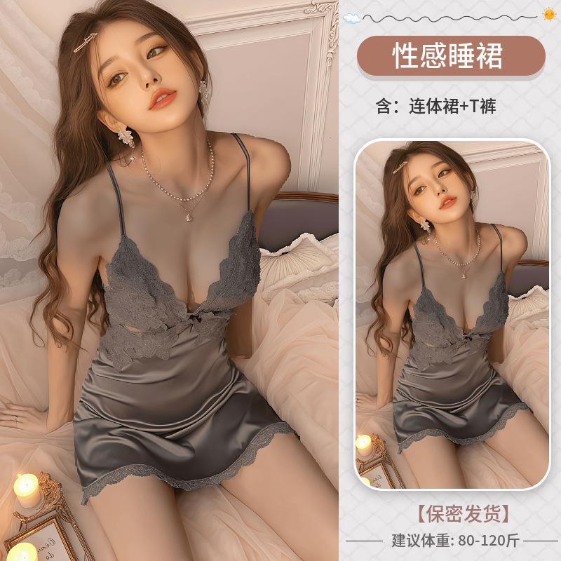 Erotic lingerie spring and summer deep V sexy mesh see-through seduction lace thin slit emotional nightdress women's home
