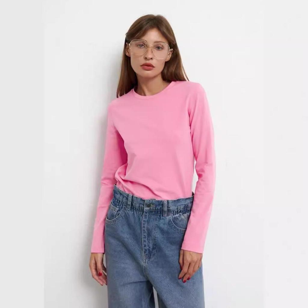 Casual Fashion Long Sleeve Women's 100% Cotton T-Shirt, Spring Versatile Basic Crew Neck Pullover Tee for American & European Commute Style