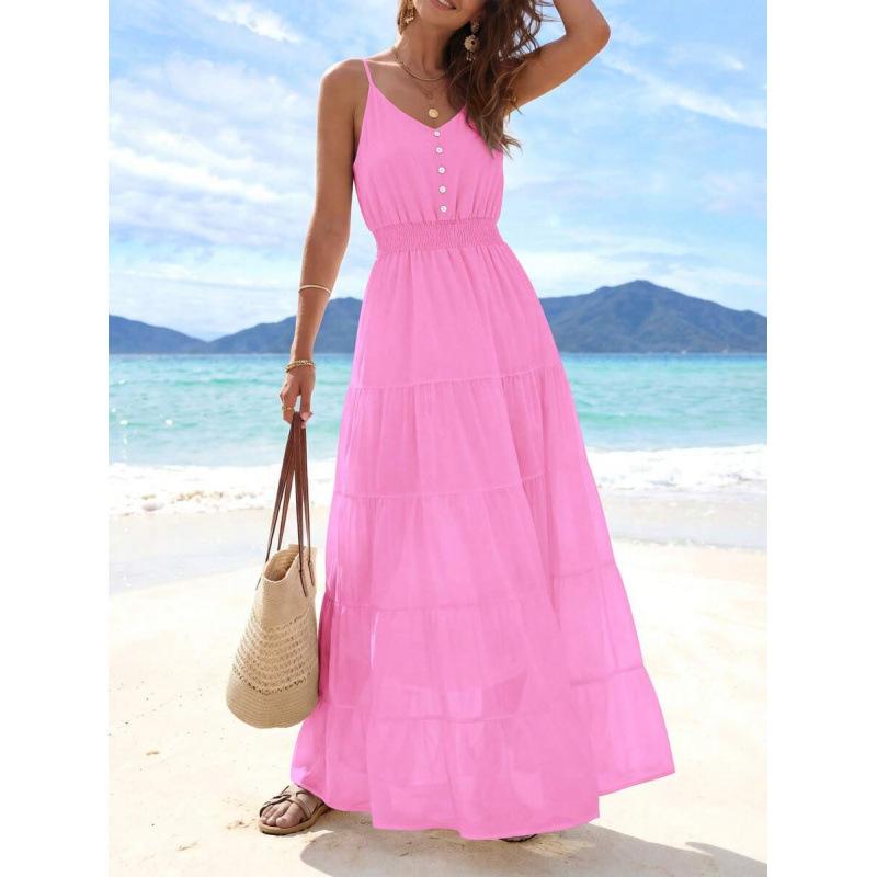 Europe, America 2026 Summer New Simple High Waist and Thin Casual Beach Vacation Suspender Dress
