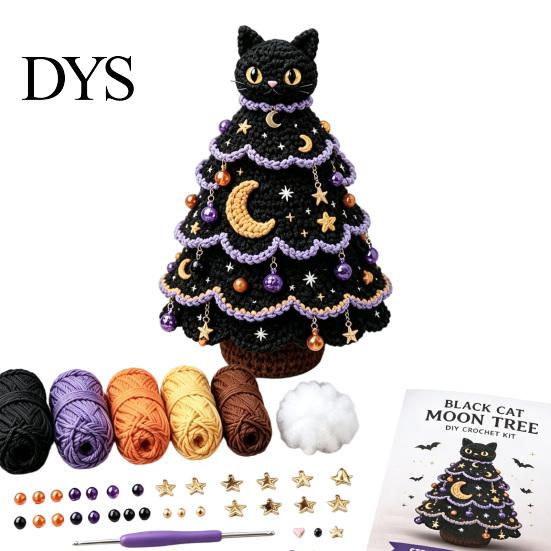 Cute Monster Tree Crochet Set Halloween Pack, DIY Yarn Craft Kit with Hooks And Step Black Cat Moon by Guide, Creative Handmade Knitting Supplies for