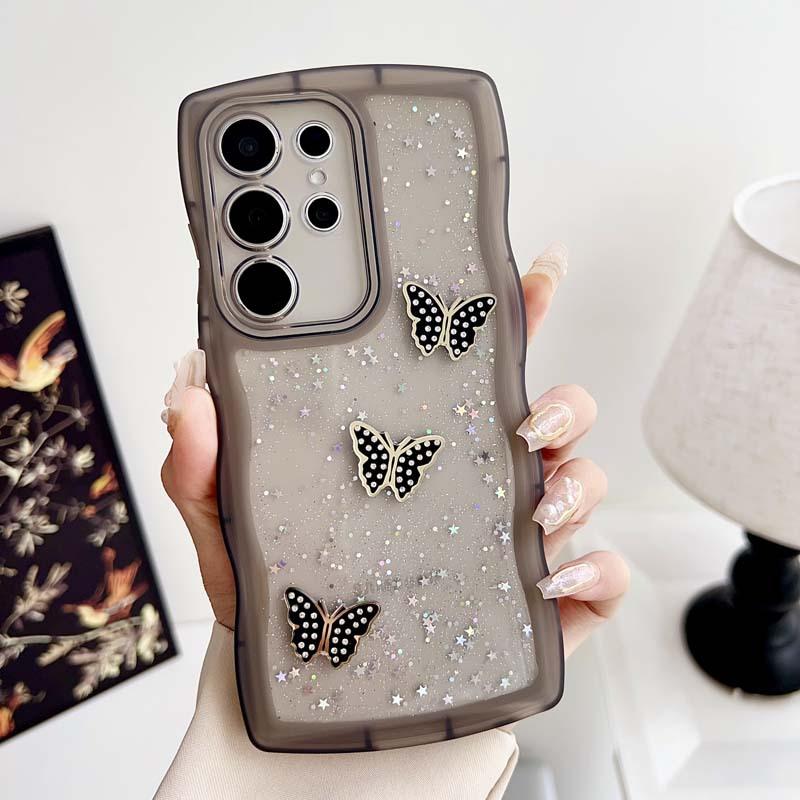 For S24 S25 TPU Luxury Mobile Phone Case with Phone Grip Glitter Wavy Butterfly Design Anti-Drop Shockproof Protective Case S20 чёрный