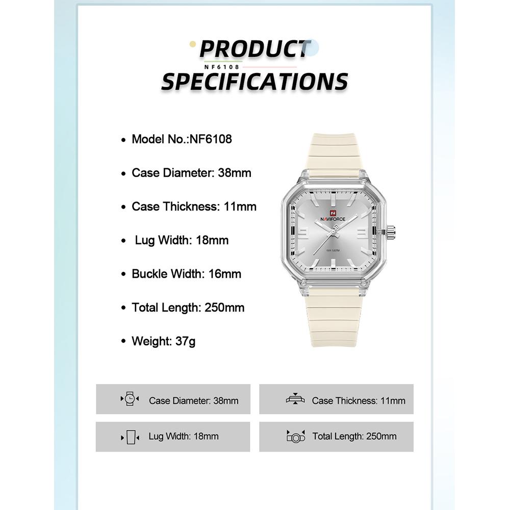 NAVIFORCE Original Women Square Watch Quartz Luminous Pointer Simple Lightweight Silicone Strap Waterproof Women Lady Casual Fashion Watch NF6108