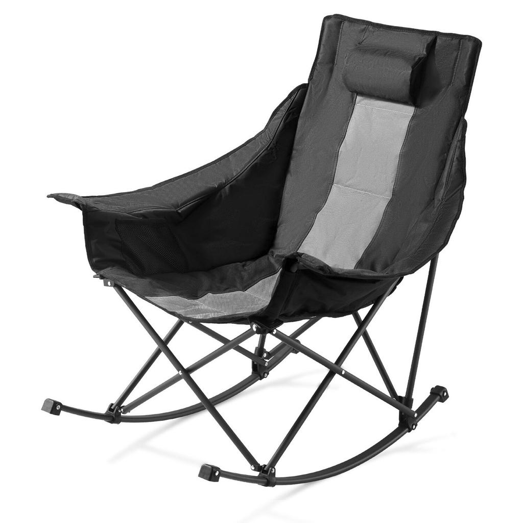 Heated Camping Chair, 3 Heating Settings, Large-Sized Padded Folding Rocker, Heavy Duty Outdoor Lawn Chairs with Pocket & Cupholder, Support 225lbs,