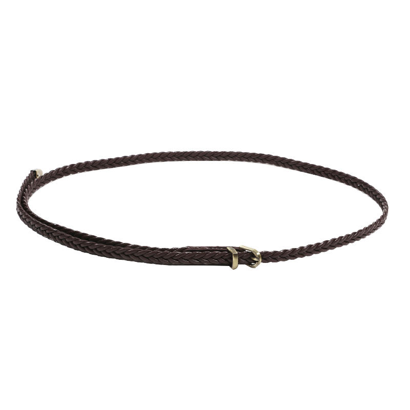 Women's Skinny Braided Leather Belts Vintage Thin Woven Waist Belts for Jeans Pants Dresses with Pin Buckle