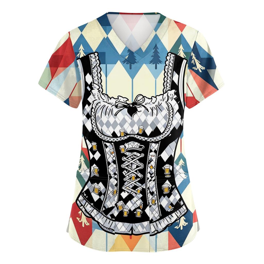 Women's V Neck Short Sleeve Work Shirt with Pockets Oktoberfest Print Top Caregiver Uniform Tee for Medical and Hospitality Use