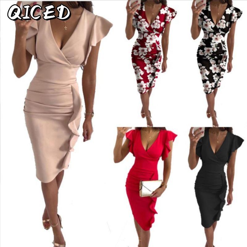 QICED Fashion Summer Spring Short Sleeve V-Neck Casual Dresses