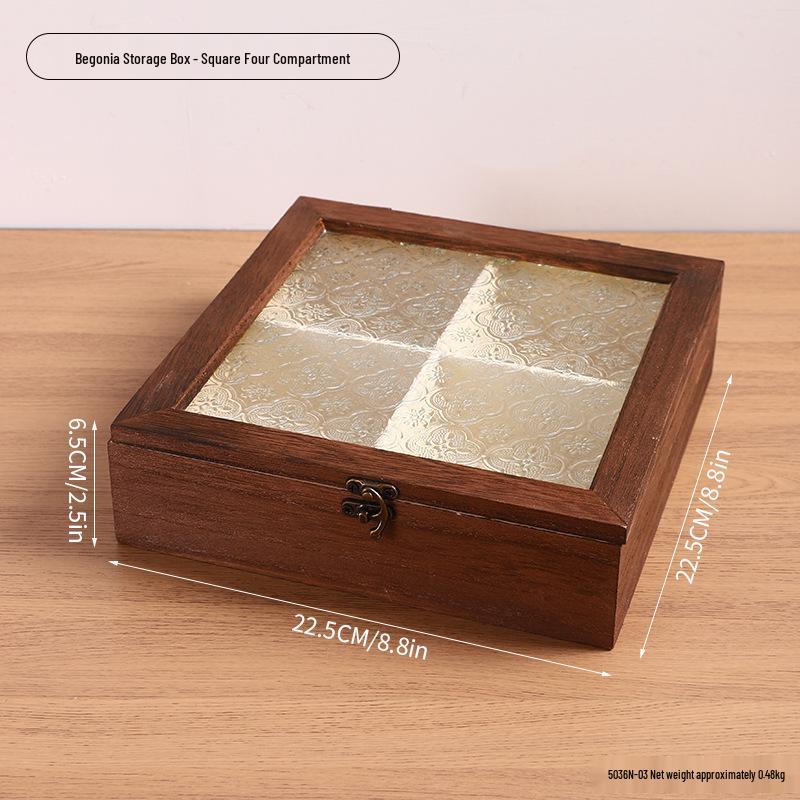 Retro Begonia Glass Lid Wooden Storage Box for Cosmetics, Snacks, Candy, and Documents - Dustproof and Multifunctional