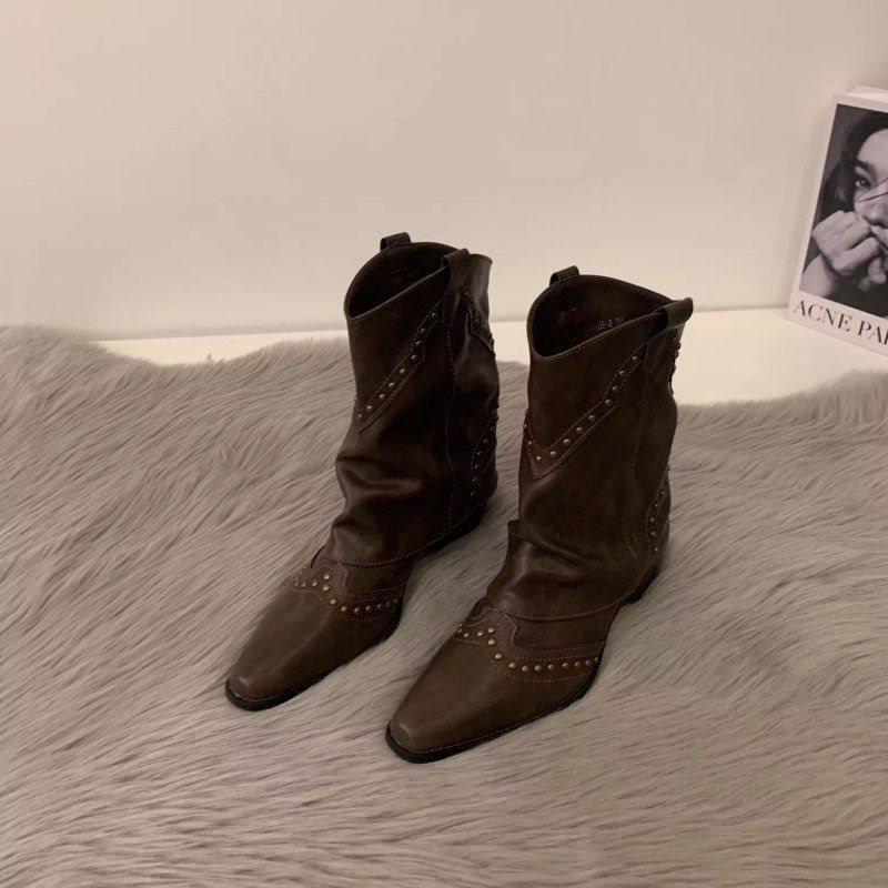 Retro Rivet Short Pant Boots French Women's Boots Versatile Western Cowboy Boots Knight Boots Small Short Boots