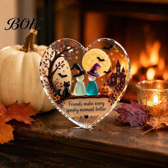 Spooky Seasonal Home Accents Friendship Halloween Glass Ornament, Acrylic Heart Hanging Decor with Witch Shaped Ornaments Cat Pumpkin, Colorful