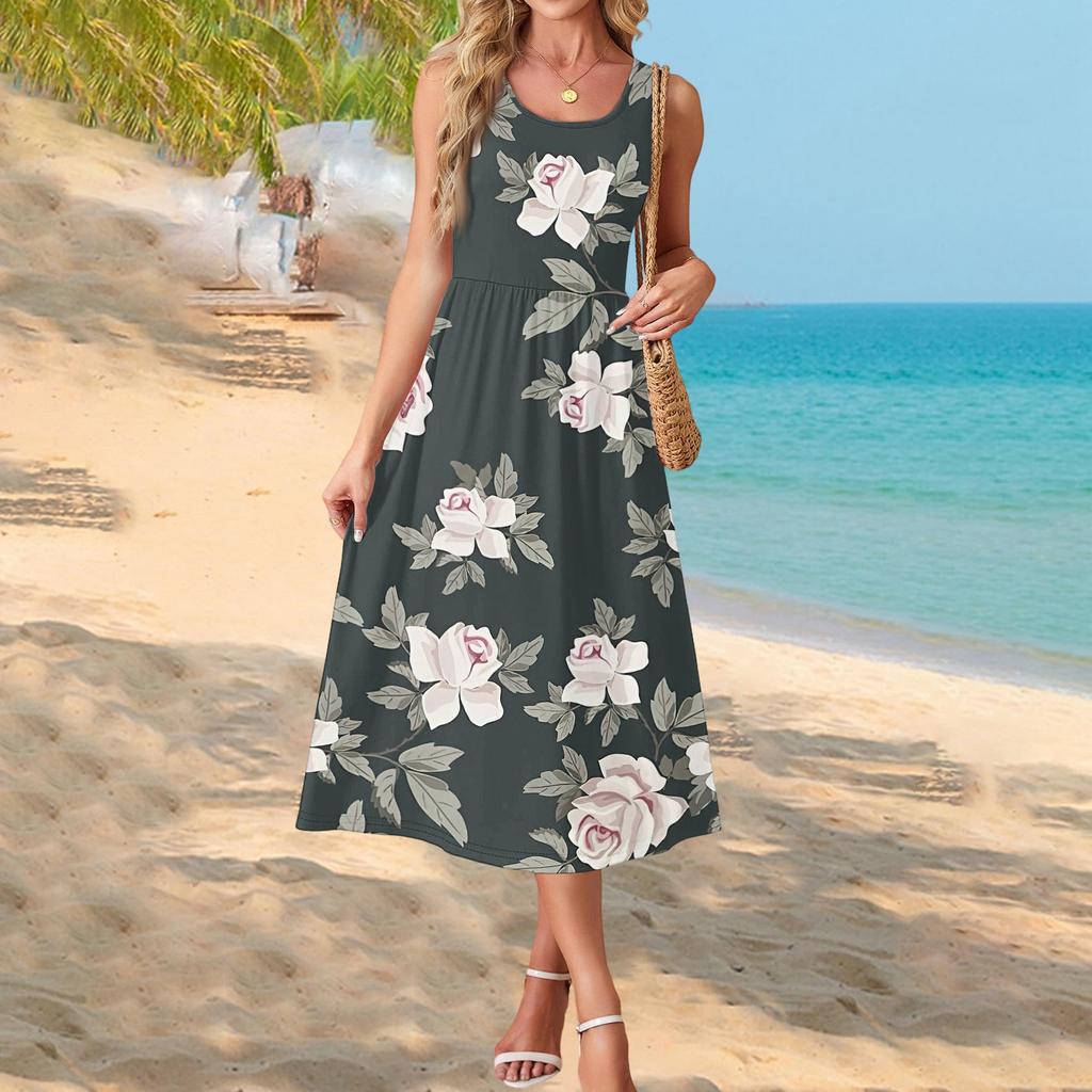 Fashionable Women's Summer Dress with Gradient Print, Elegant Casual Wear, Beach Vacation Sun Skirt with Pocket
