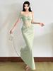 Holiday Wind Green Design Slanted Shoulder Kinked Dress Women's Summer New Lace Splicing Travel Temperament Long Dress