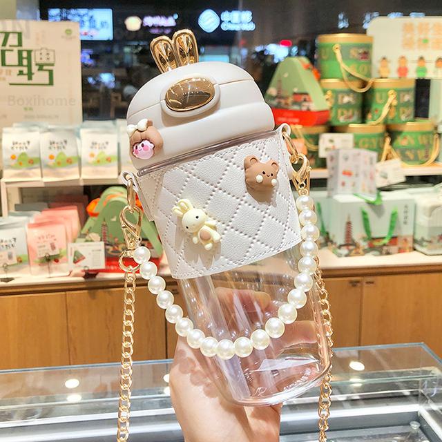 Adorable Rabbit Ear Plastic Water Bottles With Straw For Girls Kids Lightweight Strap Student Bottle With Cup Cover Anti-drop BPA Free