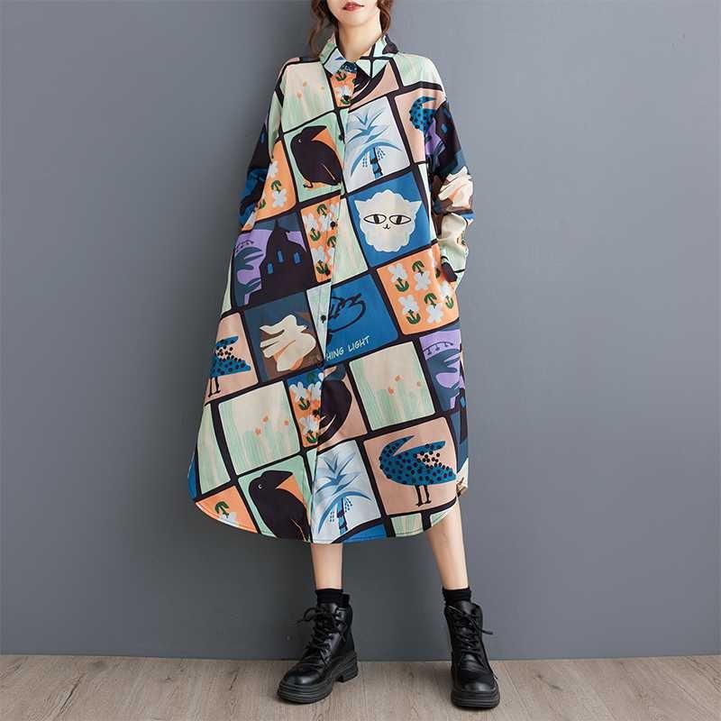 New Loose Large Size Oceanic Printing Mid-length Literary Retro Dresses