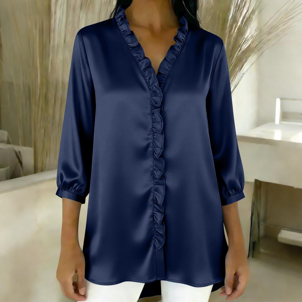 Ladies' Fashionable and Elegant Ruffled Collar Satin Blouse