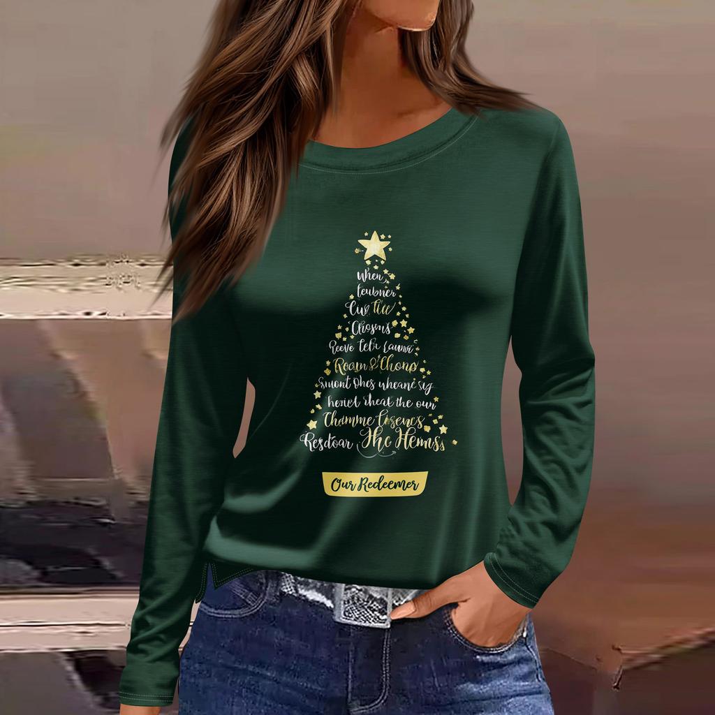 Women's Fashion Casual Slit Hem Round Neck Long Sleeve Loose Printed T-Shirt Ladies Top