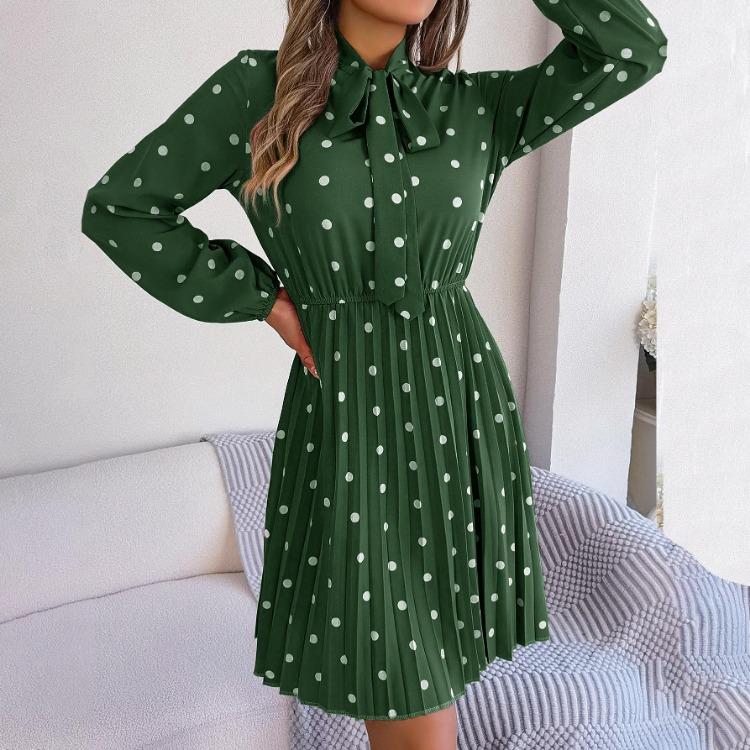 High Waist Women's Long Sleeve Dress Lace Up Pleated Dot Temperament Autumn Winter