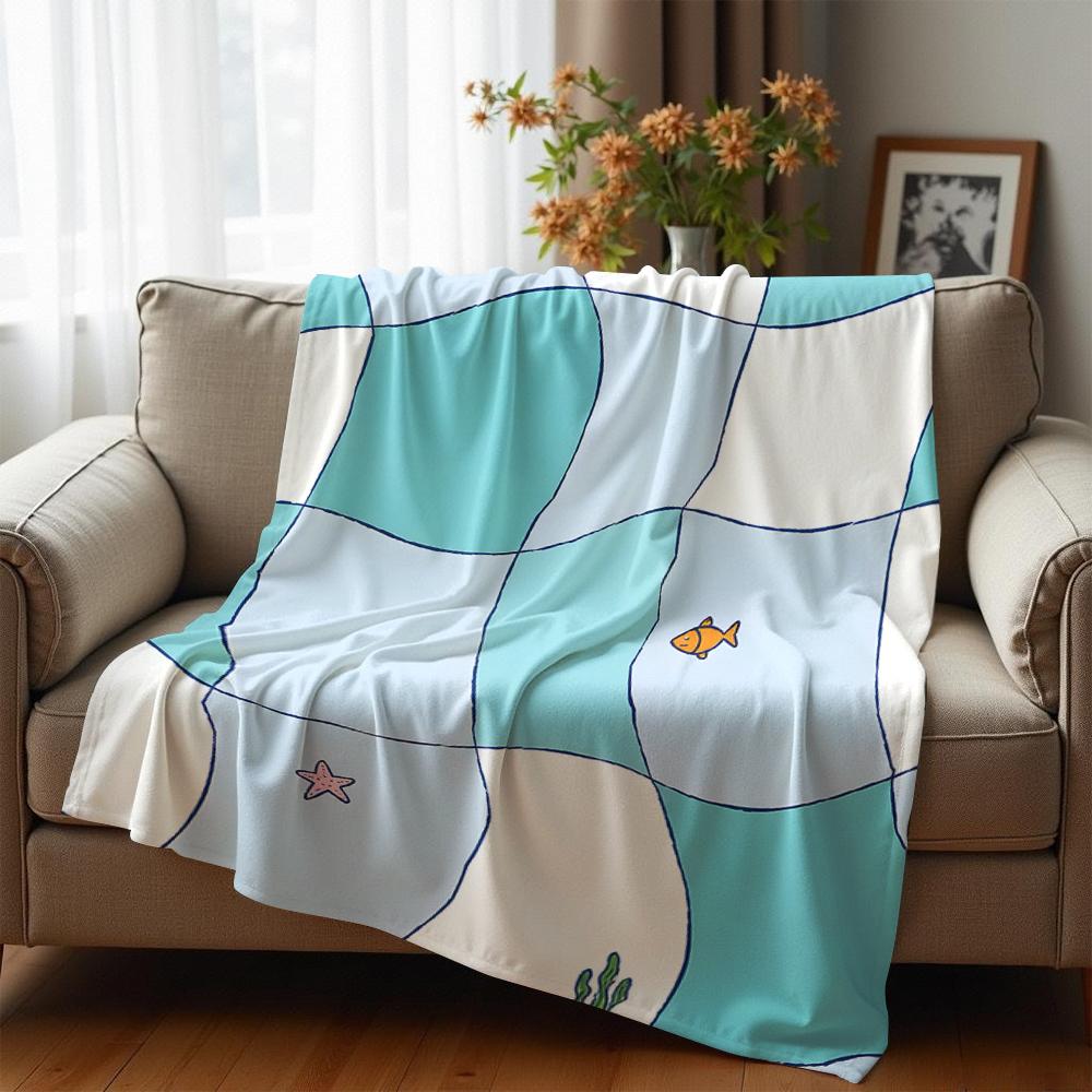 Wavy Checker Marine Tiny Fish Anime Cartoon Flannel Blanket Soft Warm Throw for Bedroom Sofa Car Kids Holiday Gift