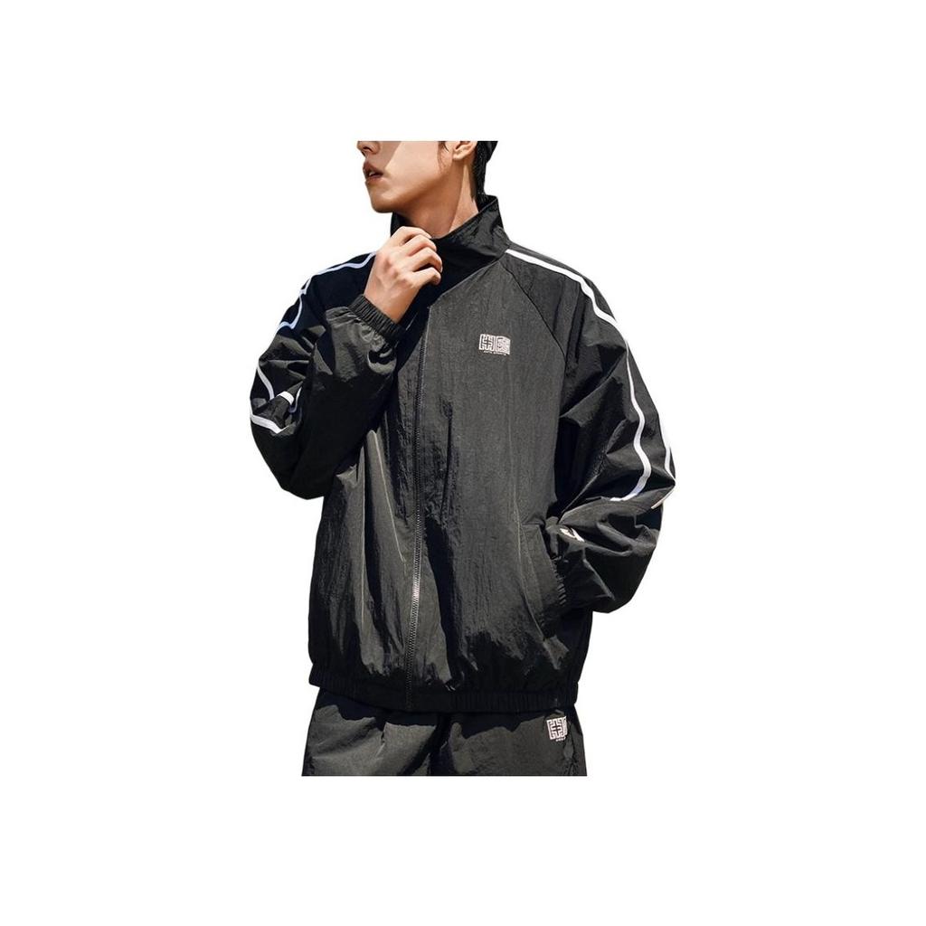 Anta Comfortable Casual Simple Striped Zip-Up Windbreaker Men Outerwear Basic-Black 952438608-2