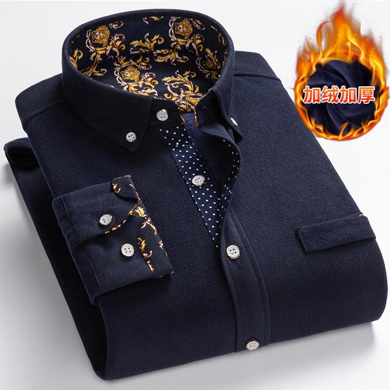 

Новая теплая вельветовая рубашка для мужчин, вельветовая рубашка с плюшем и утолщенная, модная теплая повседневная рубашка с принтом M темно-синий