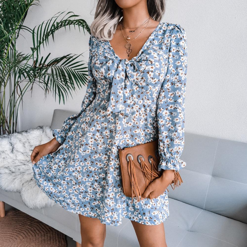 Spring and Summer European and American Casual Bow Floral Chiffon Dress