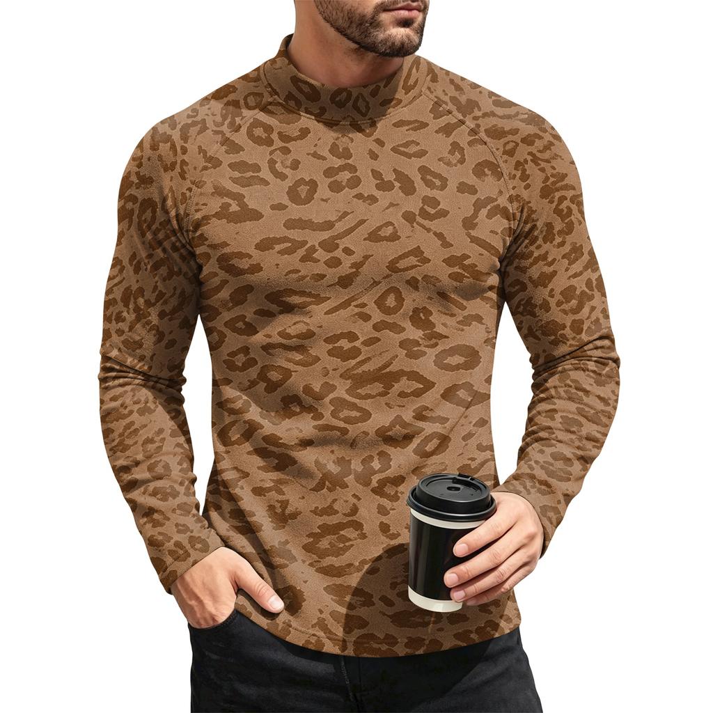 Men's Leopard Print Thermal Base Layer Shirt Long Sleeve Neck Undershirt Top for Fall and Winter